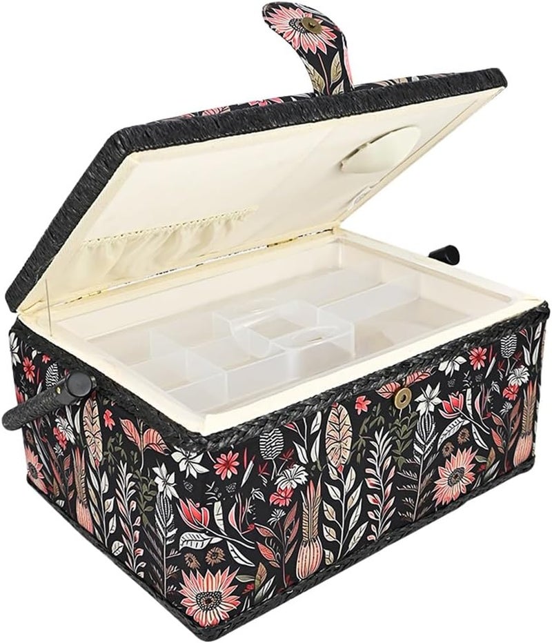 COMFECTO Vintage Black Print Wooden Sewing Basket Organizer, Empty Box With Removable Tray and Built-In Pin Cushion for Supplies, Suitable for Beginners and Experts - Image 1